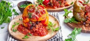Vegetarian Rice and Beans Stuffed Peppers; tasty, and easy and perfect for your meatless Mondays.