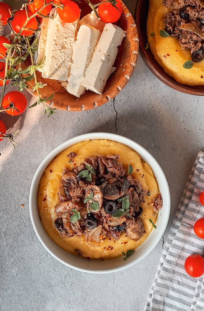 Beef and Mushrooms over Creamy Polenta