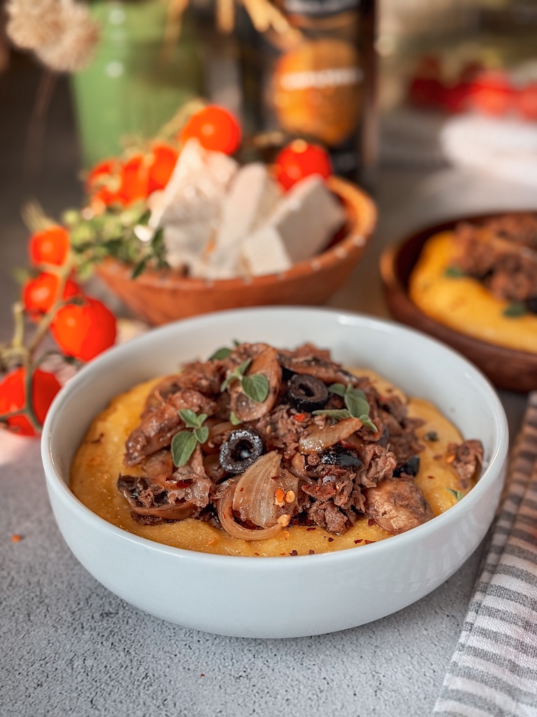 Beef and Mushrooms over Creamy Polenta