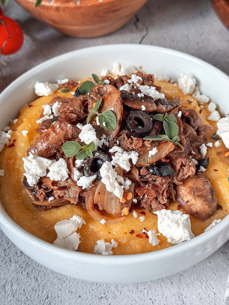 Beef and Mushrooms over Creamy Polenta