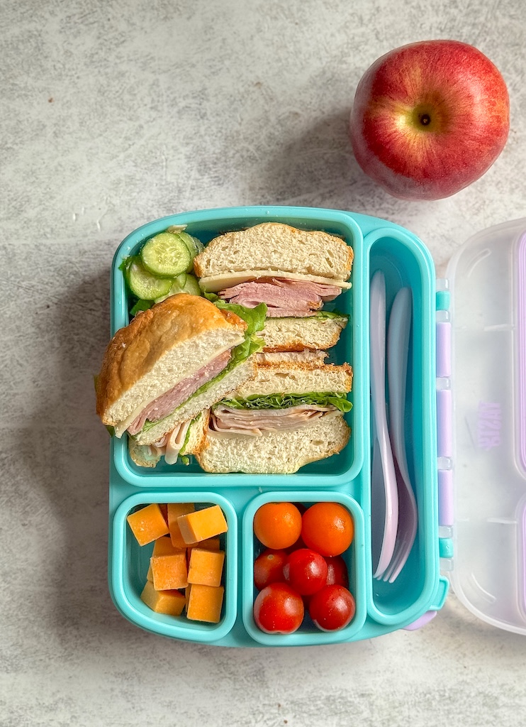Kid-friendly school lunchbox with deli sandwich and fresh vegetables