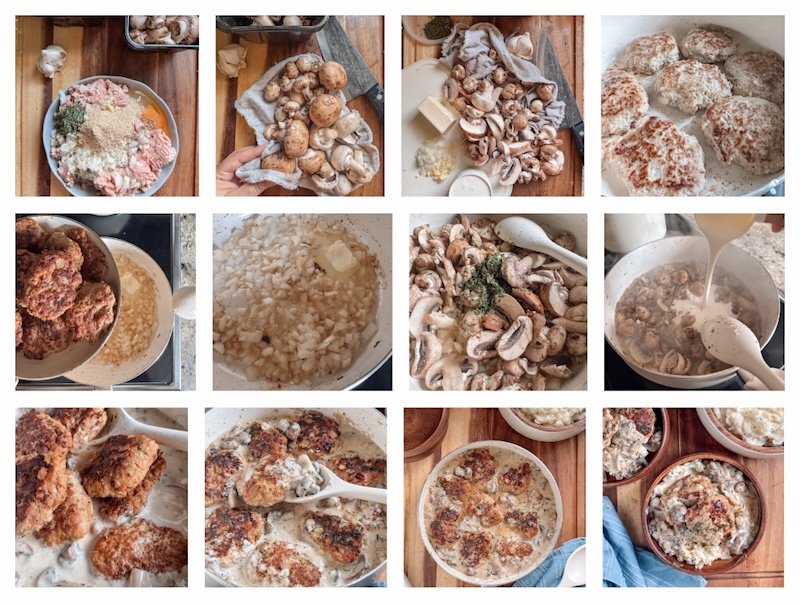 Golden brown turkey patties simmering in creamy mushroom sauce with sliced mushrooms