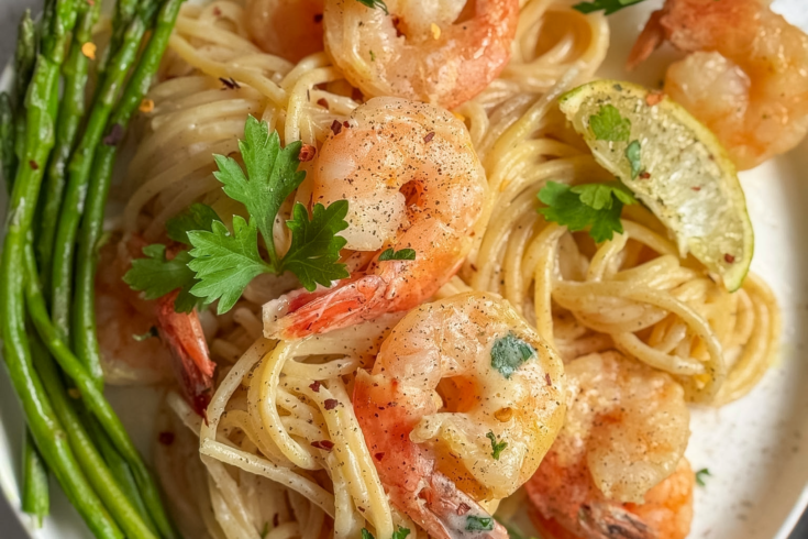 Creamy gluten-free shrimp Alfredo pasta in a bowl