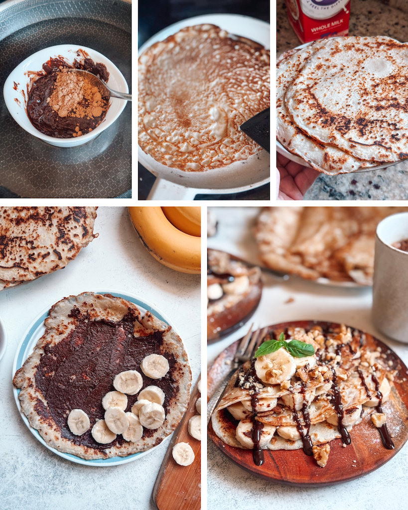 Gluten-free crepes filled with chocolate peanut butter and bananas