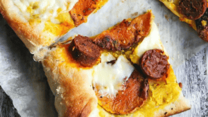 Thai Hummus Pizza with Butternut Squash and Vegetarian Sausages