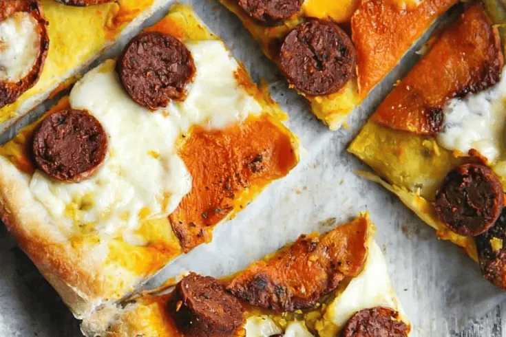 Thai Hummus Pizza with Butternut Squash and Vegetarian Sausages