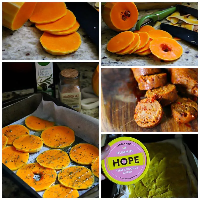 Thai Hummus Pizza with Butternut Squash and Vegetarian Sausages
