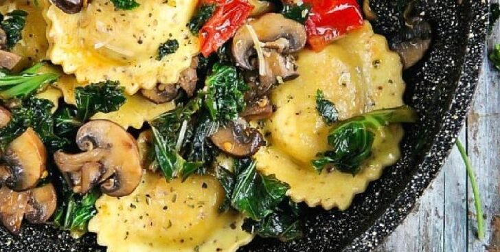 Sautéed Kale and Mushrooms with Ravioli