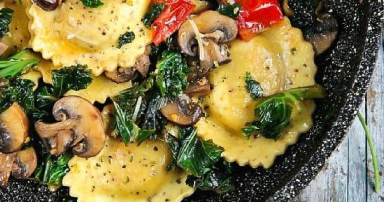 Sautéed Kale and Mushrooms with Ravioli