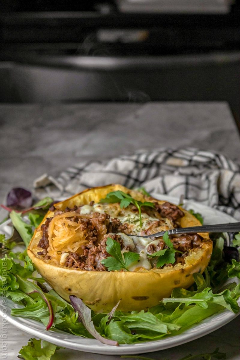 Beef and Sauce Stuffed Spaghetti Squash Boats - Sandra's Easy Cooking