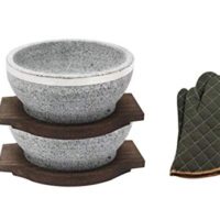 Natural Stone Dolsot Bibimbap Bowls, 32-Oz (Two Wood base + A pair of Cooking Gloves), Set of 2，Cooking Korean Soup and Food.