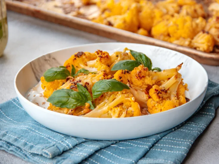Air Fryer Ginger Turmeric Cauliflower over Yogurt