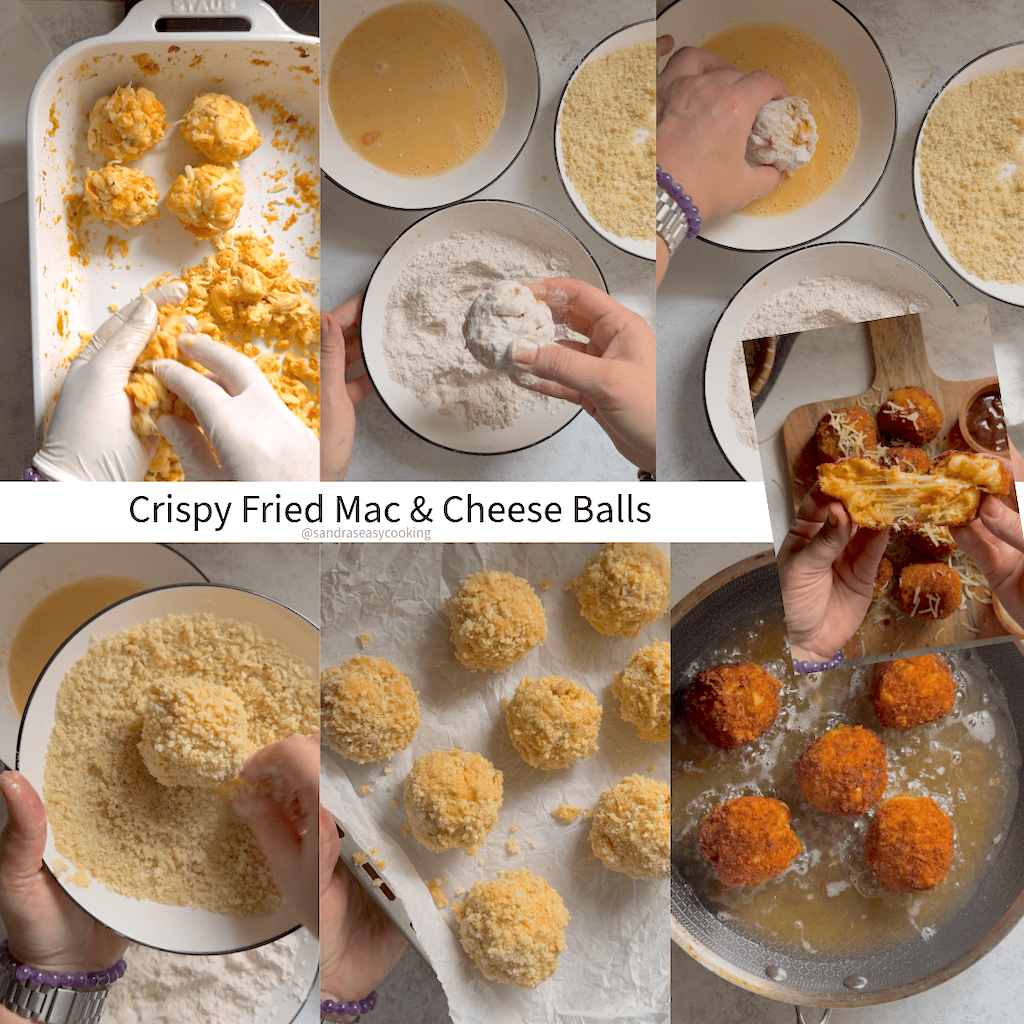 Golden brown fried mac and cheese balls stacked on a plate