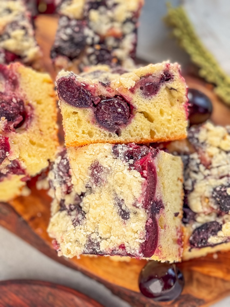 Cherry streusel yogurt cake with golden crumble topping