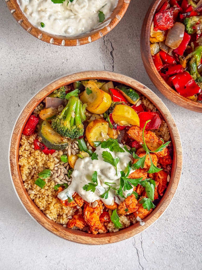 Spring Harvest Quinoa Bowl with Tzatziki Feta