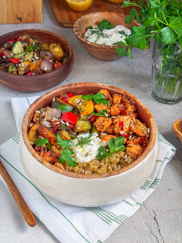 This Spring Harvest Quinoa Bowl checks every box. The fluffy quinoa creates a nourishing base, lemon-herb chicken adds protein, fire-roasted vegetables bring deep flavor, and the tzatziki feta adds a creamy, tangy finish.