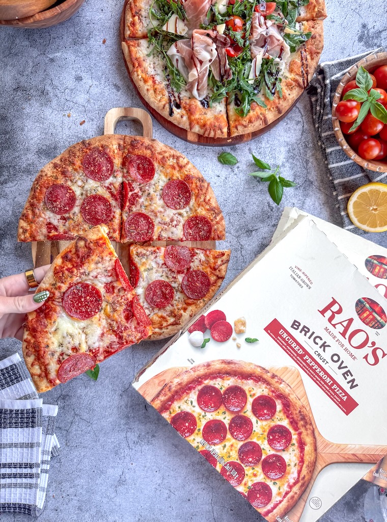 Quick weeknight dinner idea with Rao’s frozen pizza and fresh salad