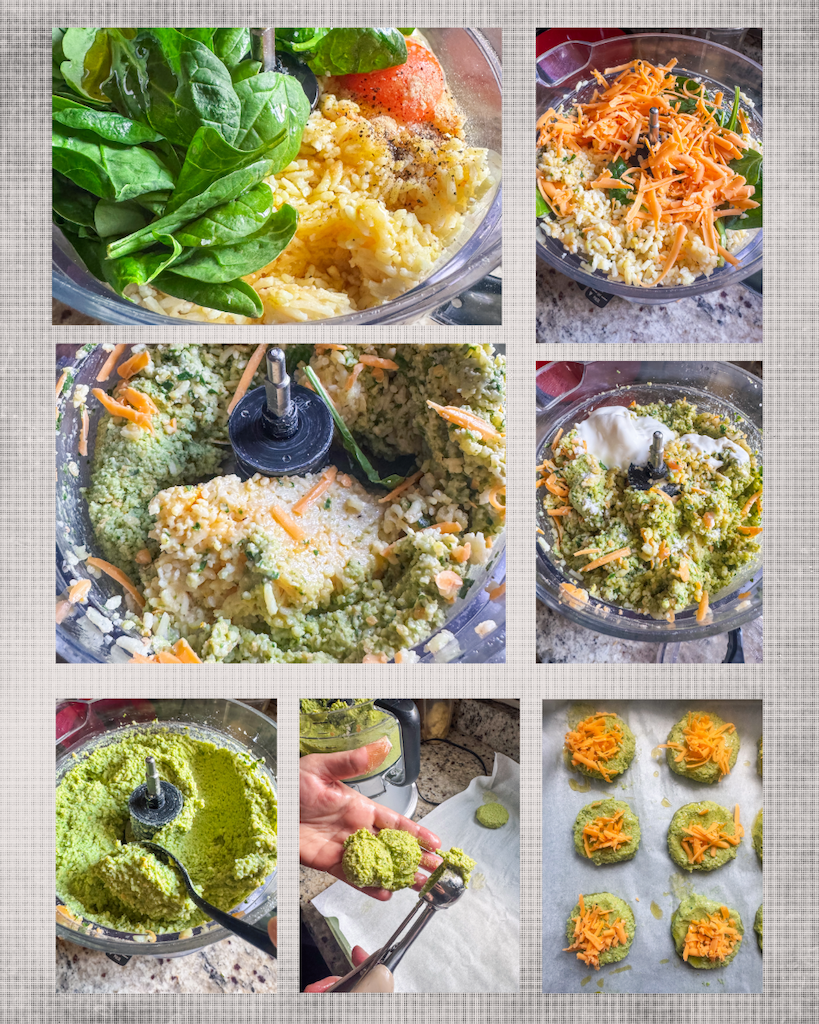 Cheesy baked spinach rice cakes made with leftover rice and topped with melted cheddar cheese.