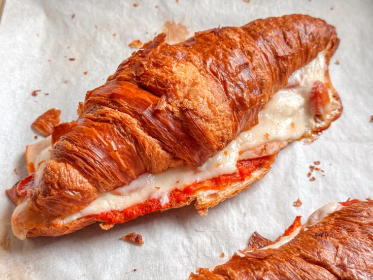 Make easy pizza croissant sandwiches with leftover Costco croissants, marinara, mozzarella, smoked turkey, and pepperoni. Ready in 15 minutes!